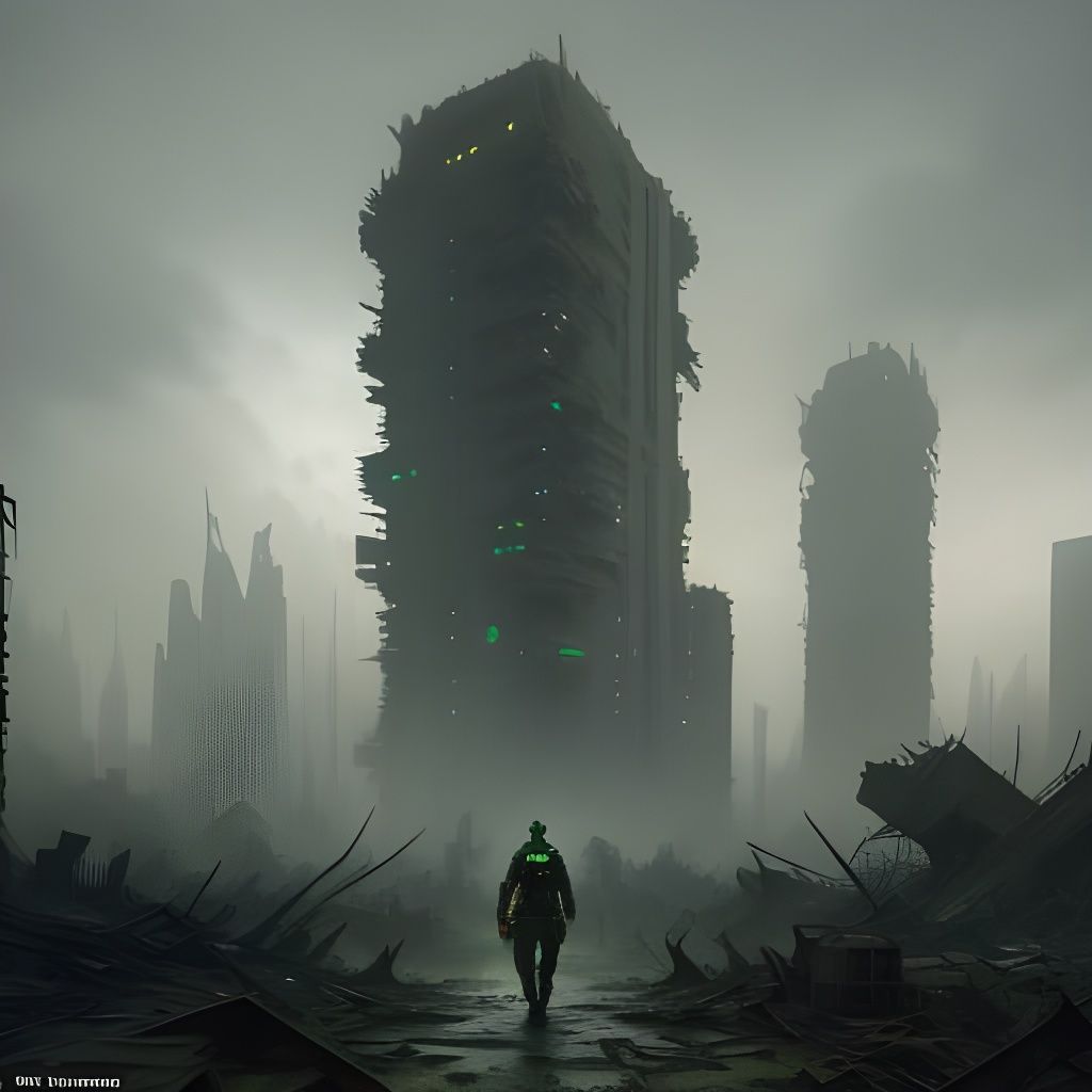 Post-Apocalyptic Warrior Navigates Ruined Sci-Fi City