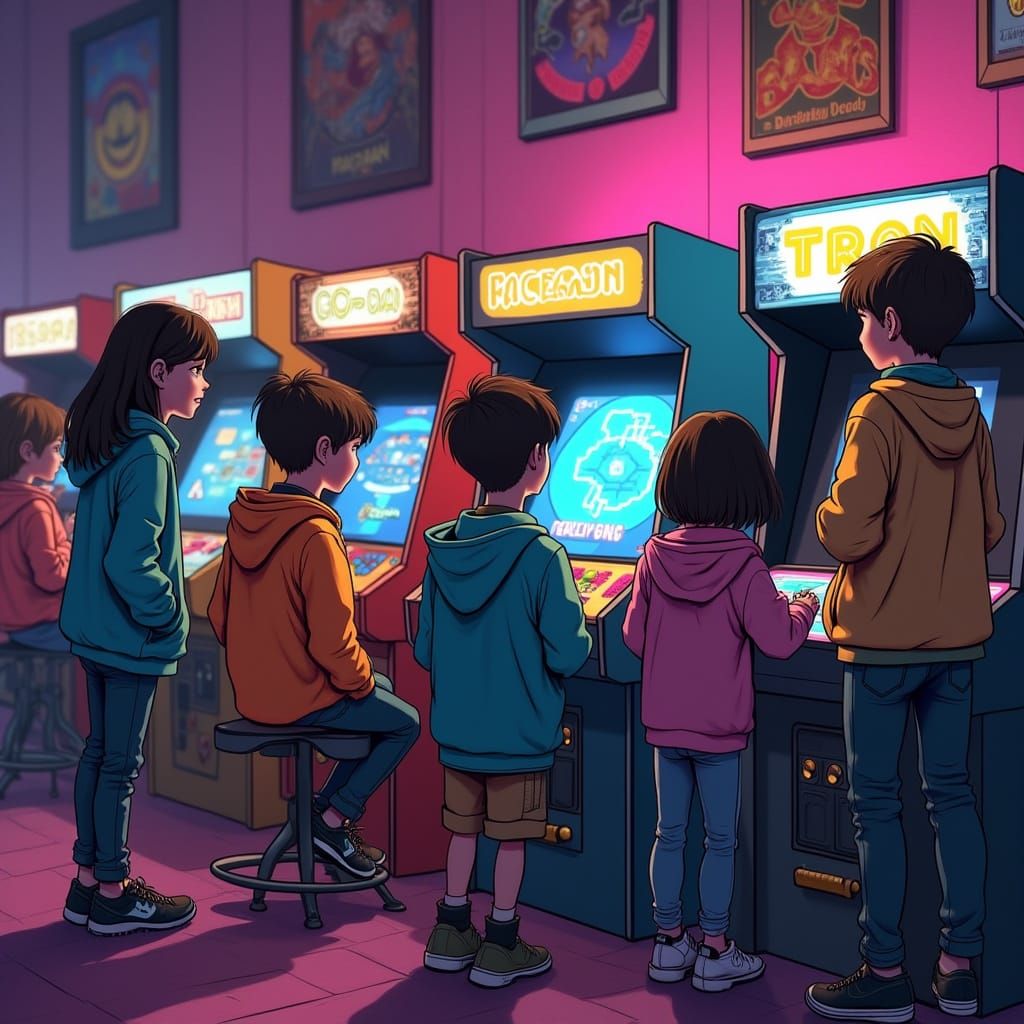Retro Arcade Scene in Neon-Lit Futurism