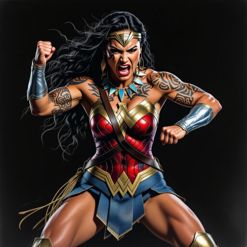 Maori Tattooed Wonder Woman Performing Haka Dance in Charcoa...