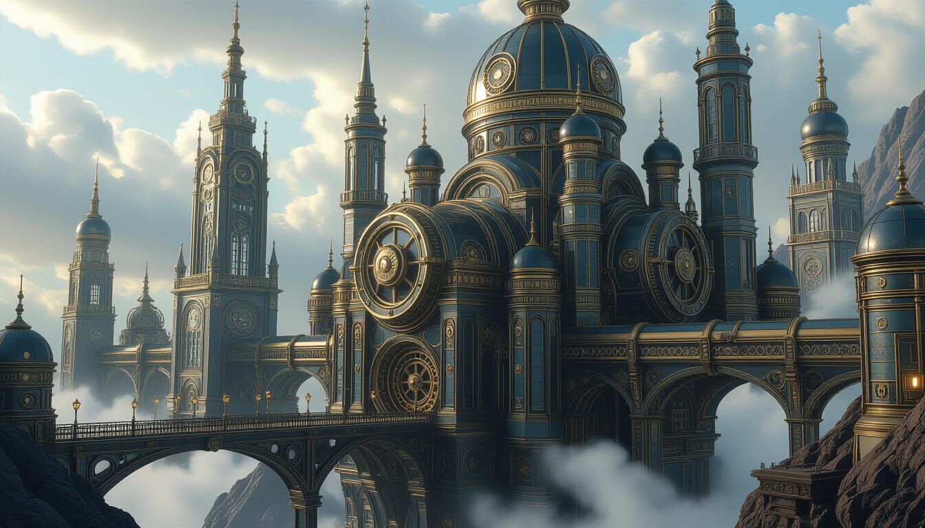 Fantasy Steampunk Scene with Gothic Structures