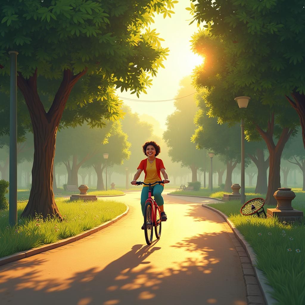 Person Cycling Through Park in Fantasy Art Style