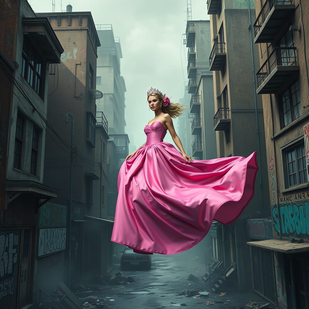 Pink Princess in a Polluted Suburb, in a Cyberpunk Aesthetic
