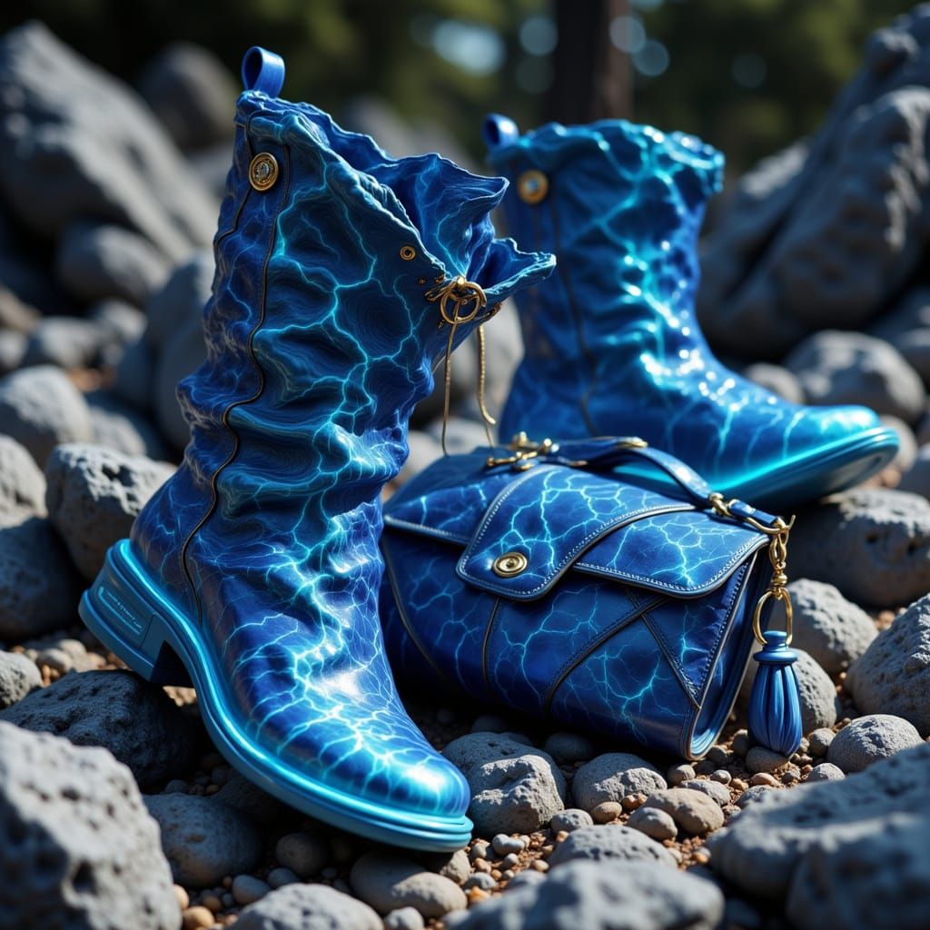 Electric Blue Leather Boots and Handbag on Rocks