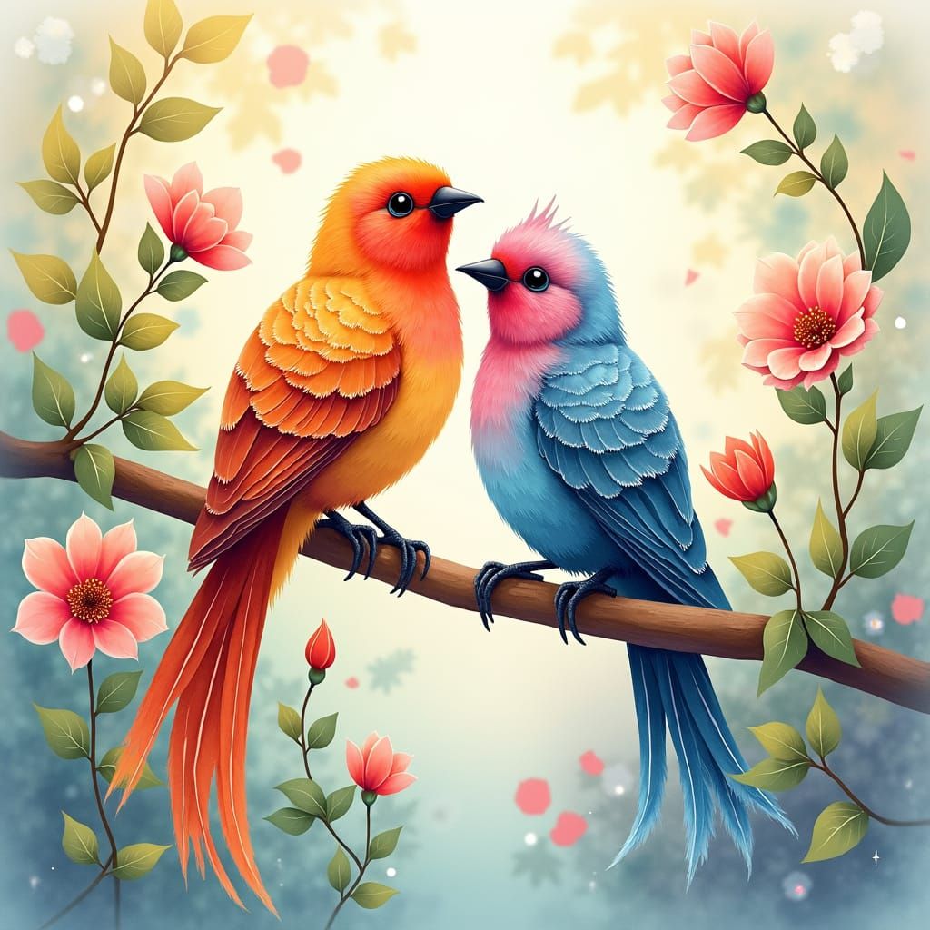 Birds in Sunny Garden: Watercolor and Alcohol Ink Illustrati...