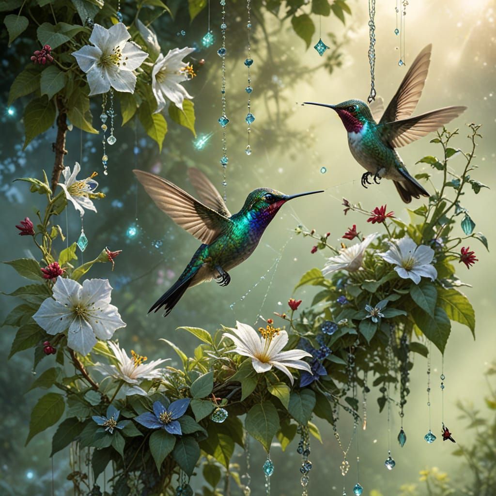 Hummingbirds and Dew-Kissed Web at Dawn