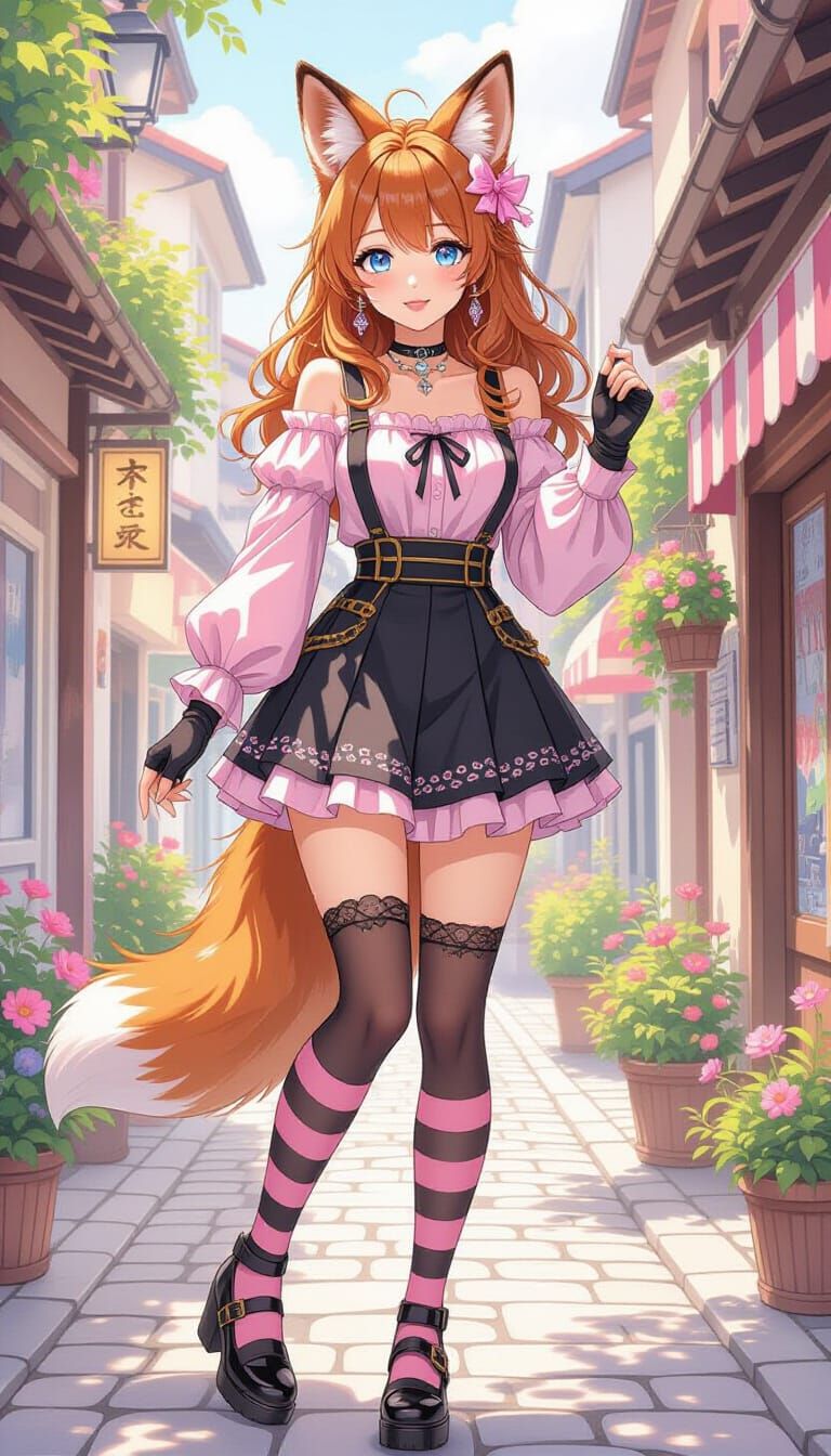 Fox Woman in Jirai Kei Outfit, Digital Watercolor