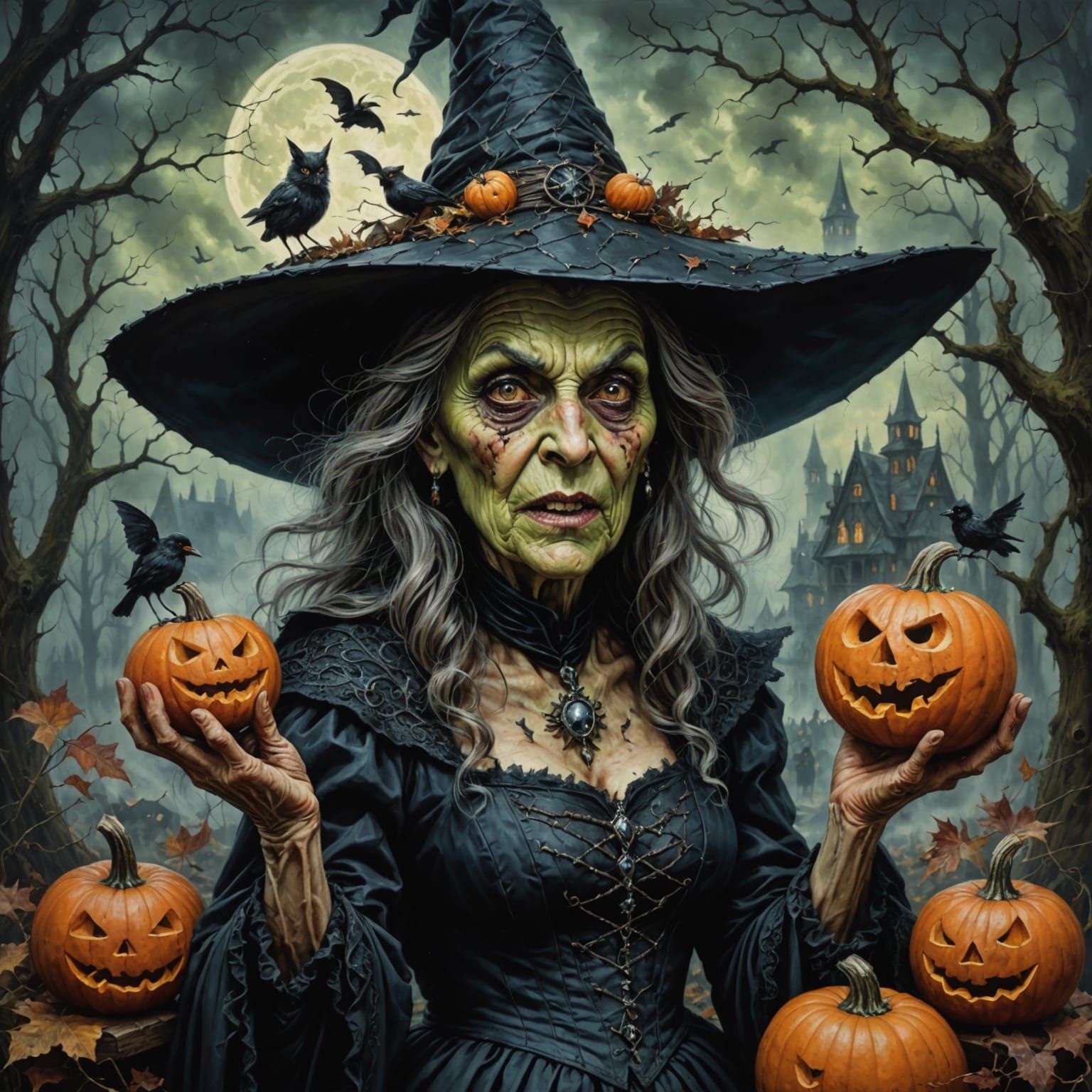 Whimsical Scary Witch with Smirk and Rotten Teeth
