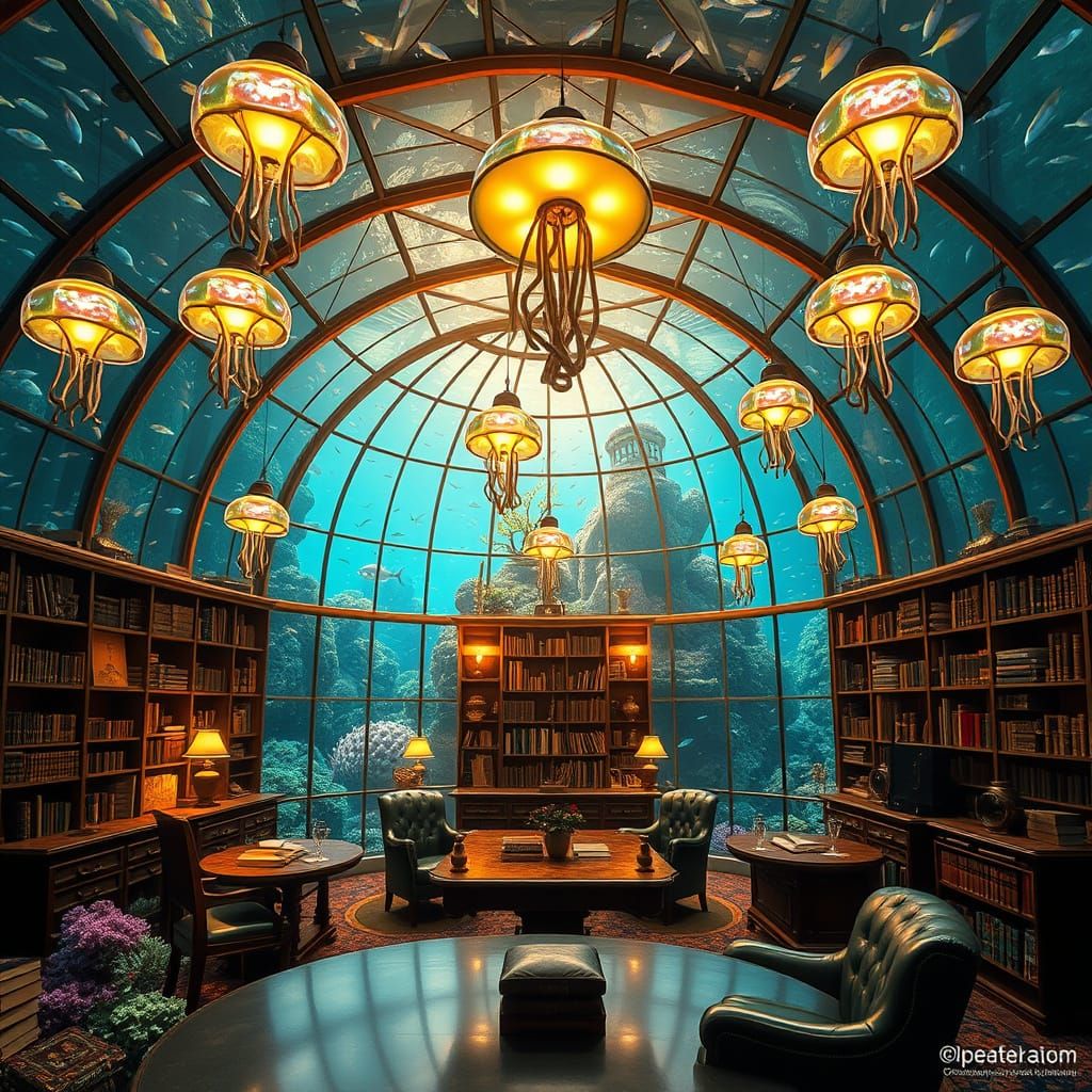 Underwater Library in a Fantastical, Surrealist Setting