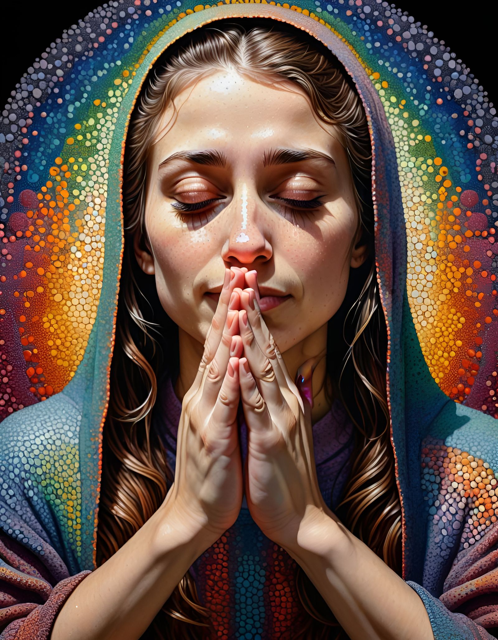 Praying Woman in Kinetic Pointillism Style