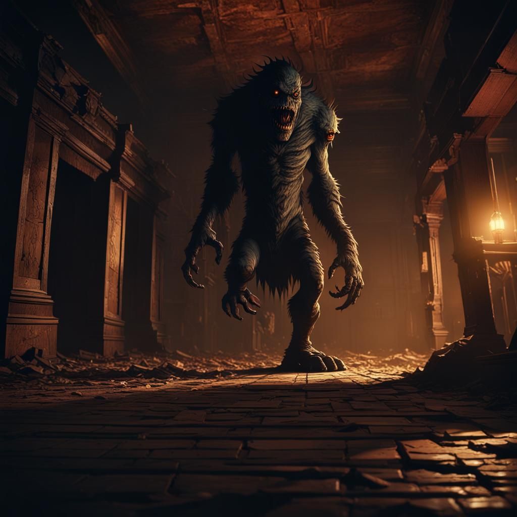 Tenebrism Horror Monster in Abandoned Town Hall