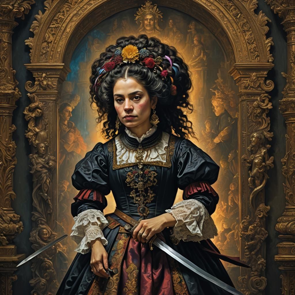 Hispanic Woman in Goth Attire: Baroque Oil Painting