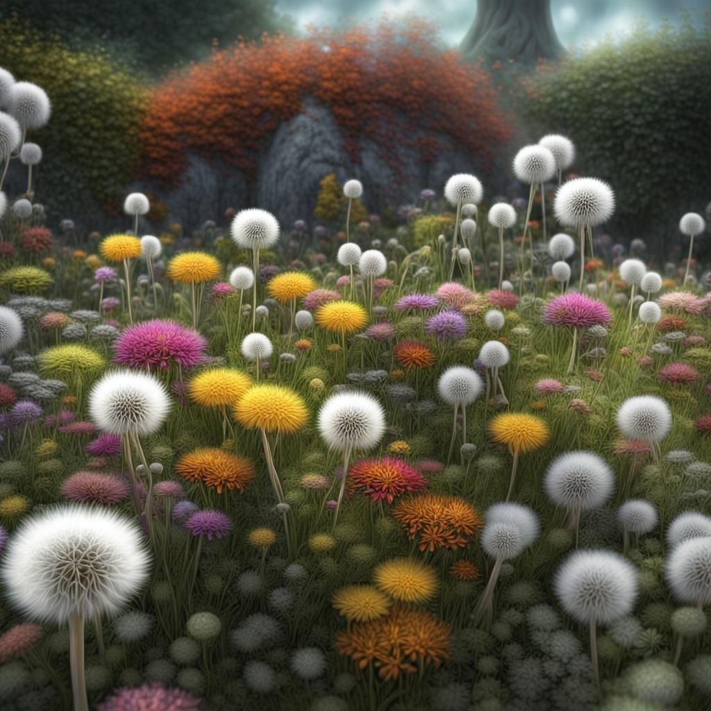 Colorful Dandelion Garden in Spooky 3D Rendering