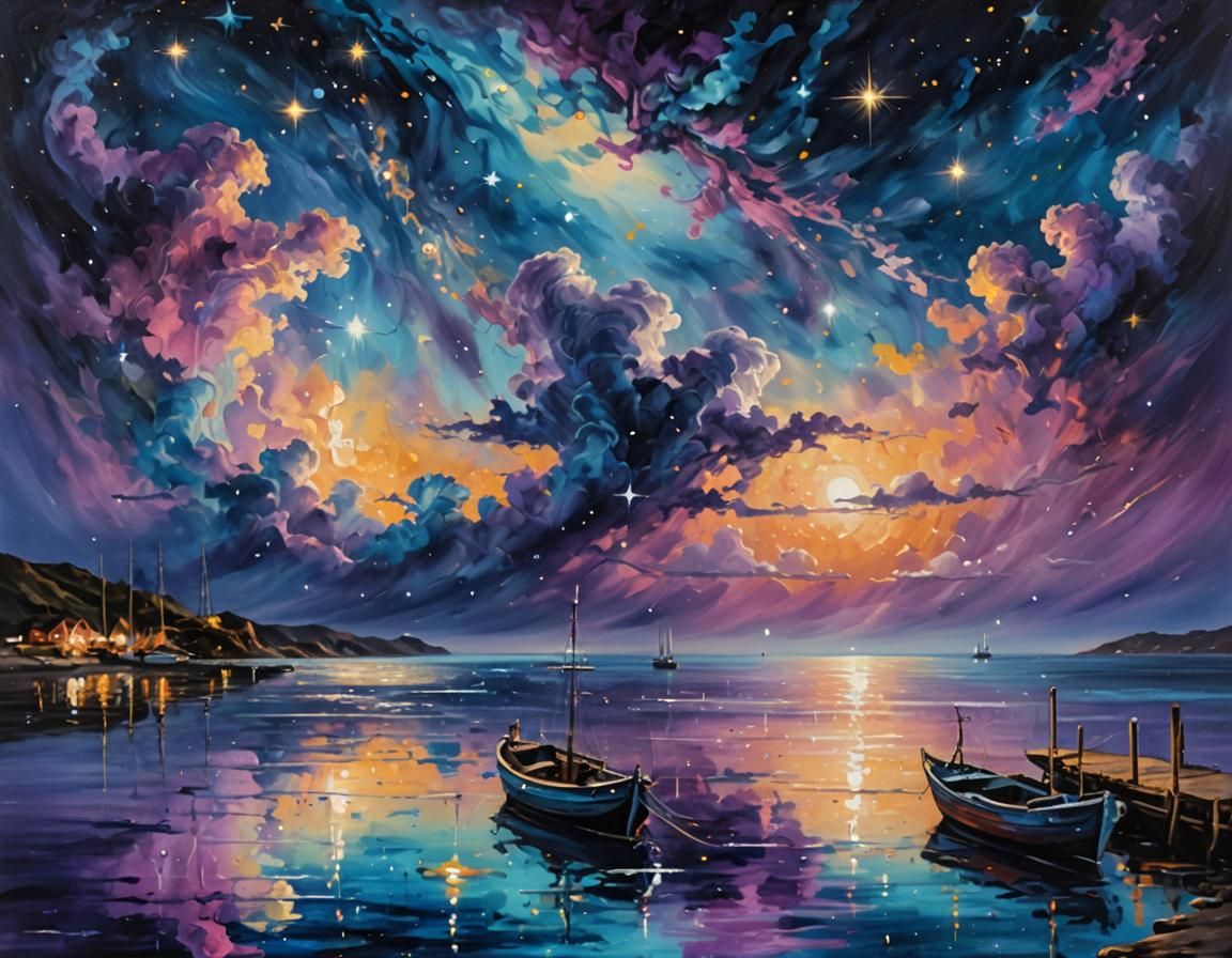 Galactic Nightscape: Vibrant Port in Cosmic Oil Painting