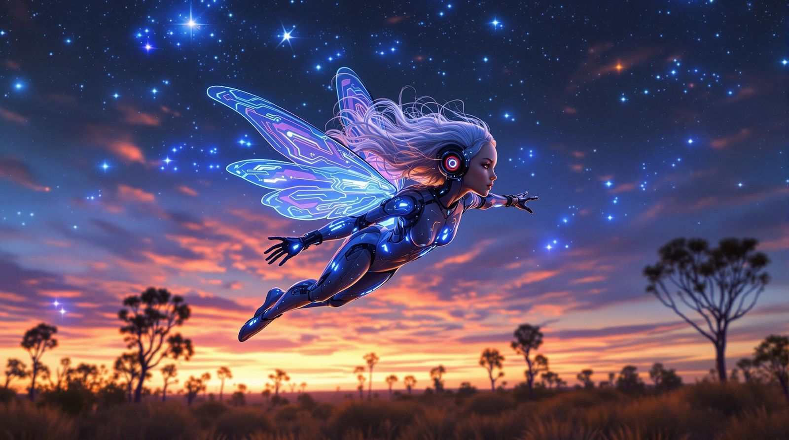 Cyberpunk Fairy Soaring Through Australian Outback