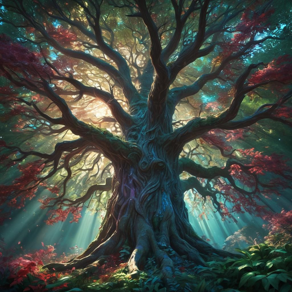 Majestic Tree in Vibrant Fantasy Landscape Concept Art