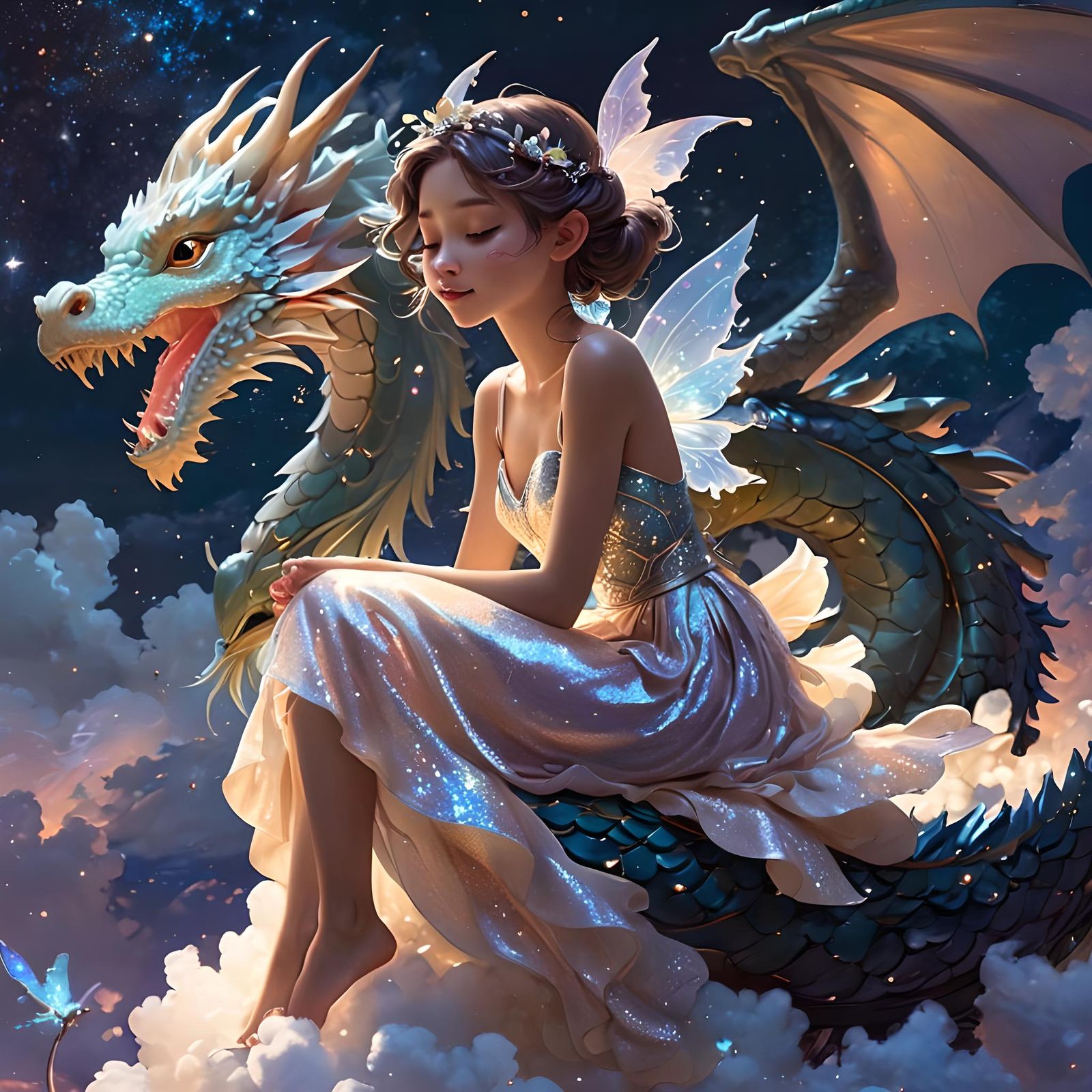 Fairy and Dragon in Dreamlike Starry Sky