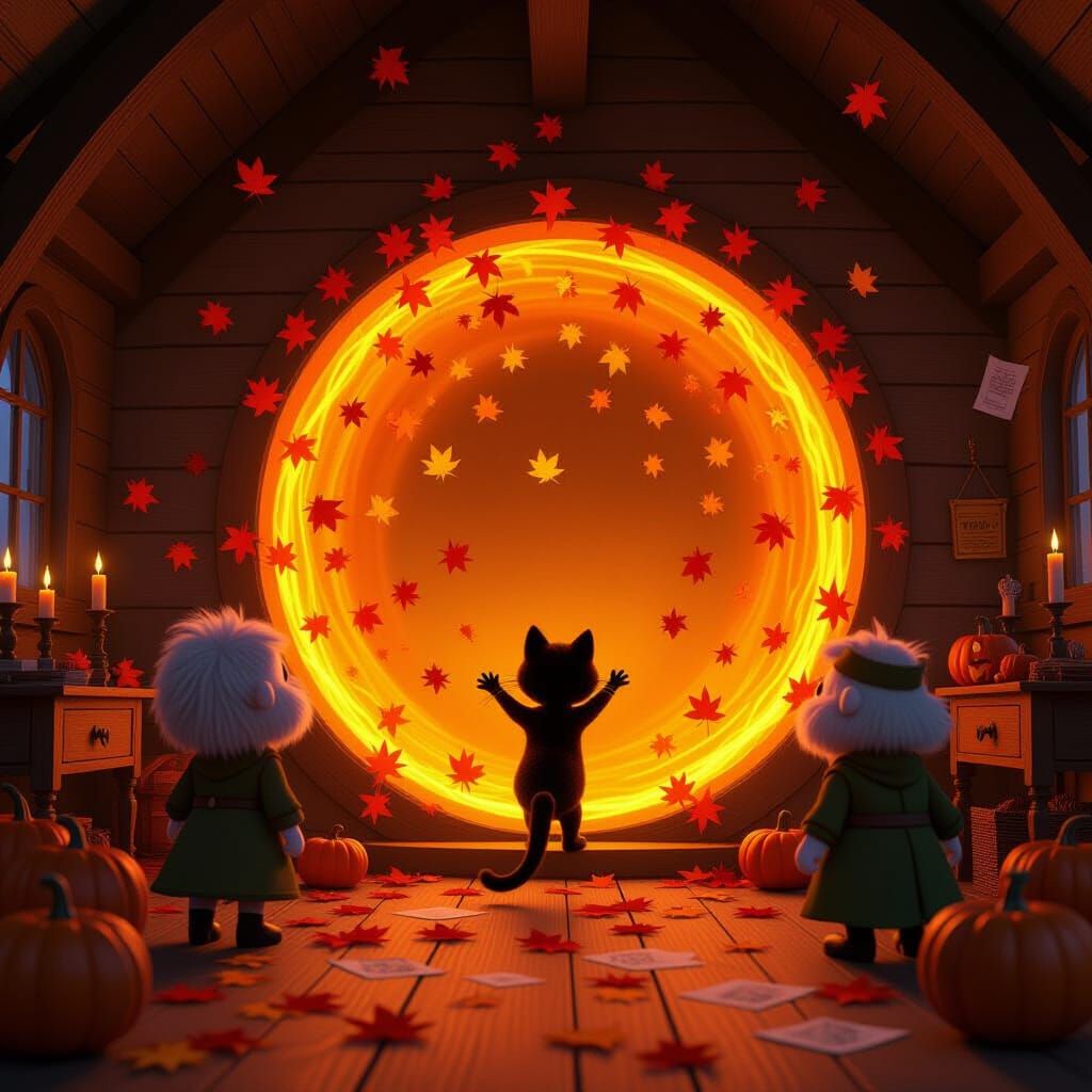 Magical Workshop Portal Scene with Cat-Dragon