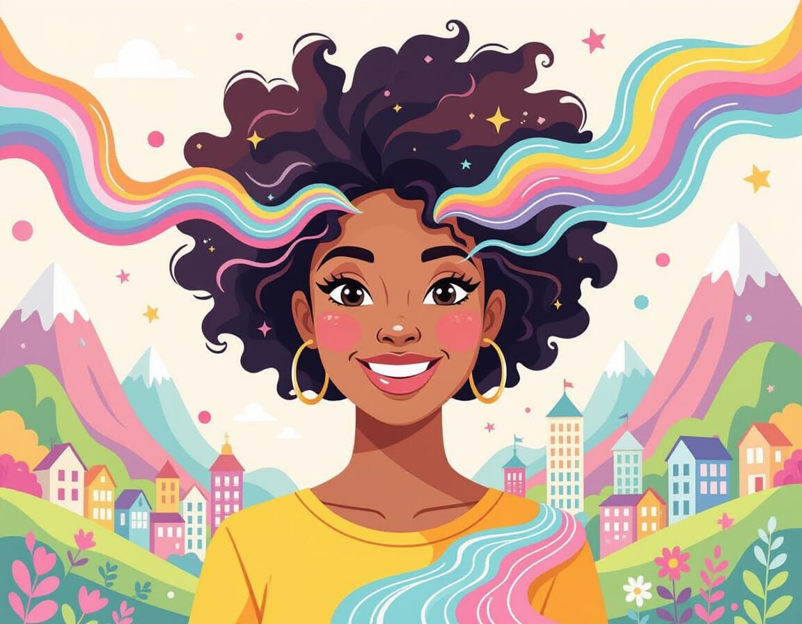 Joyful Woman With Hair Transforming Into Whimsical Landscape
