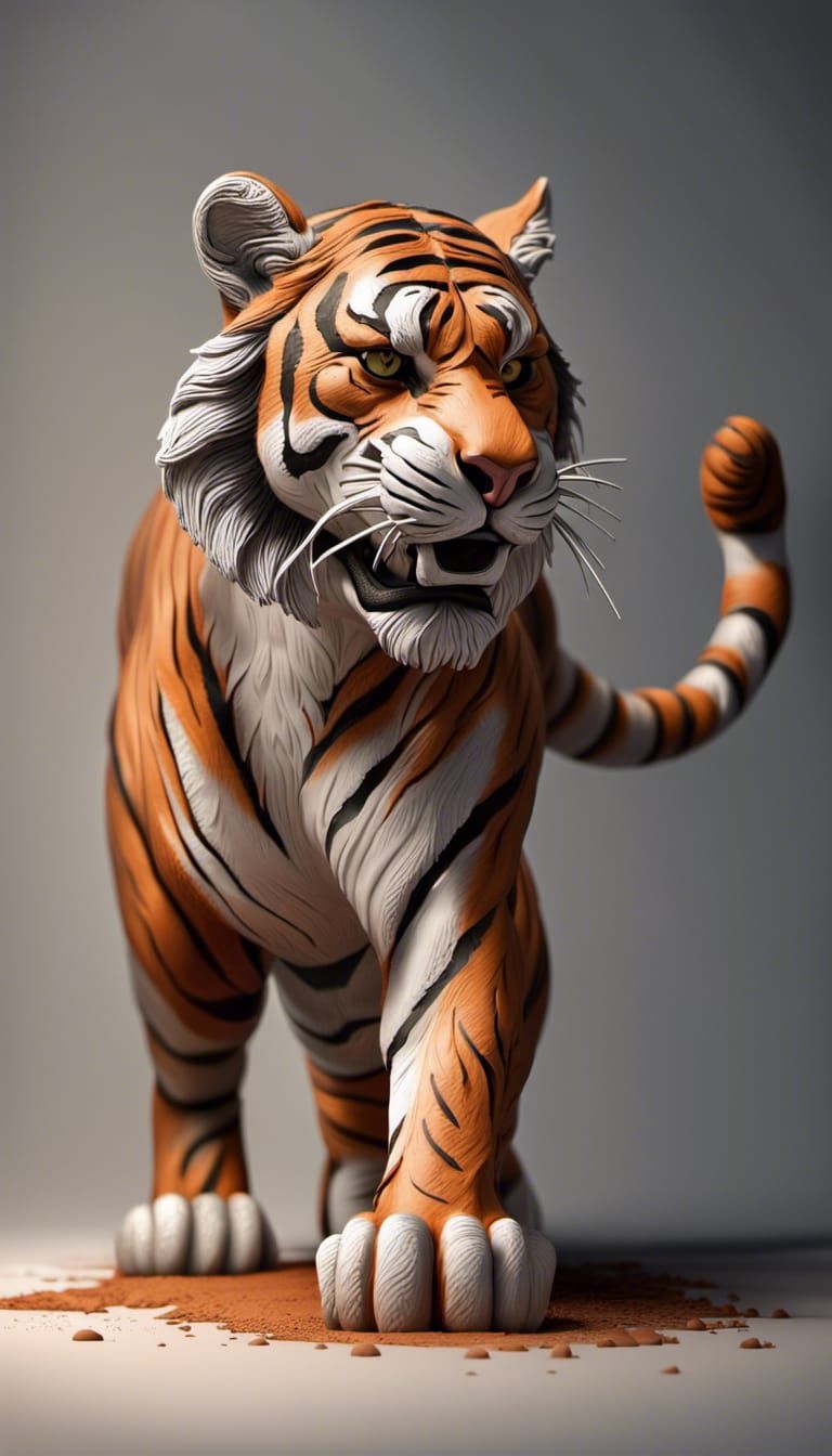 Realistic Clay Tiger Sculpture in Dynamic Lighting