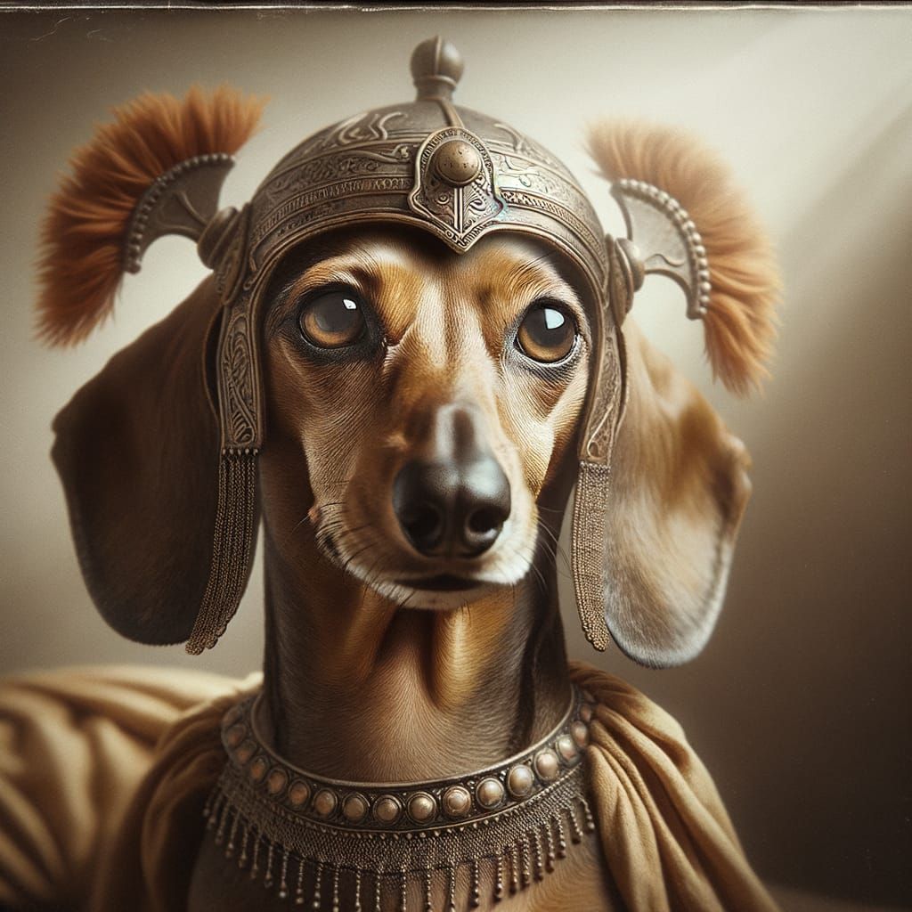 Regal Dachshund Warrior Princess in Vintage-Style Portrait