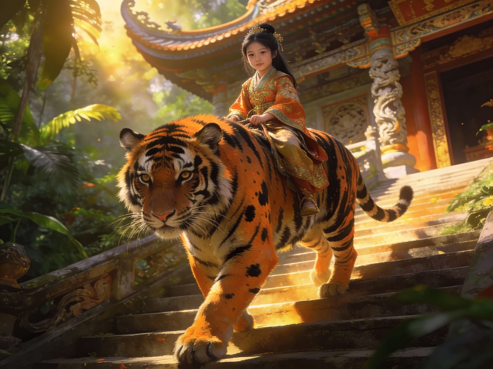 Vietnamese Princess Rides Tiger to Temple in Fantasy Realism