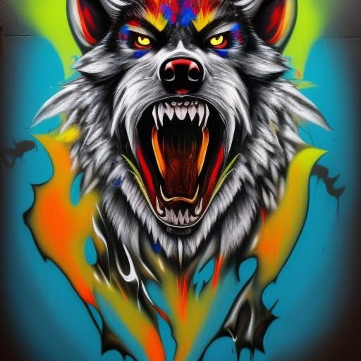 Colorful Graffiti Wolf with Fangs in Street Art Style