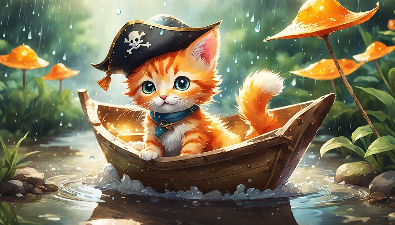 Orange Kitten Pirate Adventure: Anime Watercolor Style