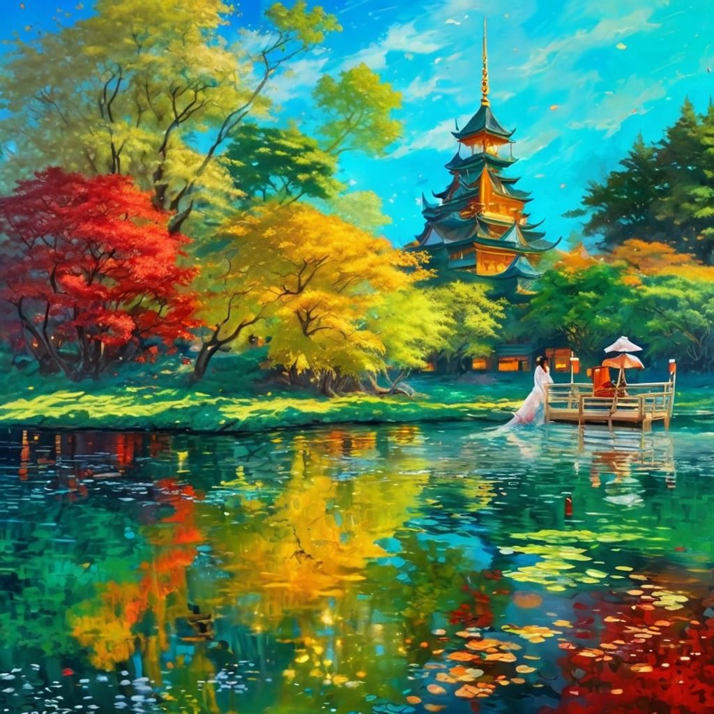 Japanese Maiden Painting on Serene Lake as Impasto Painting