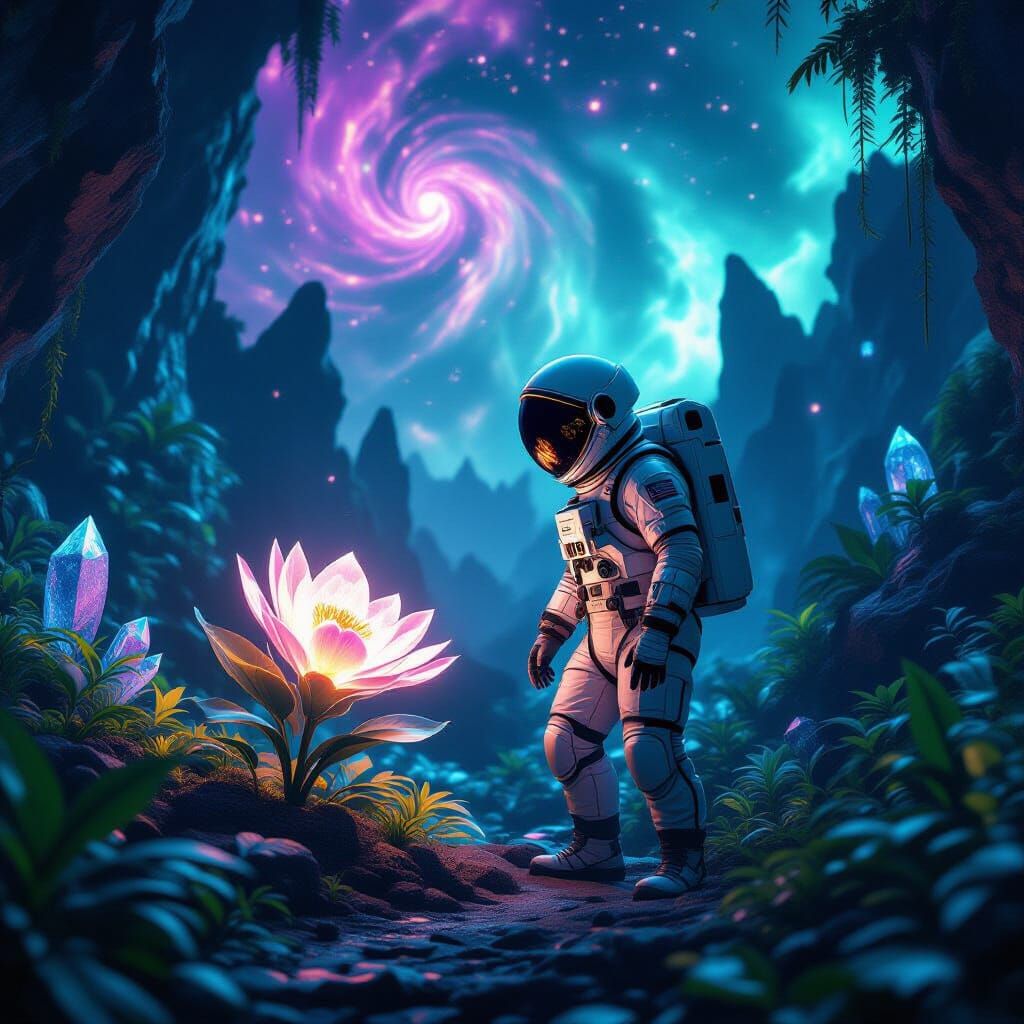 Astronaut Explores Bioluminescent Alien Jungle Under Nebula ...
