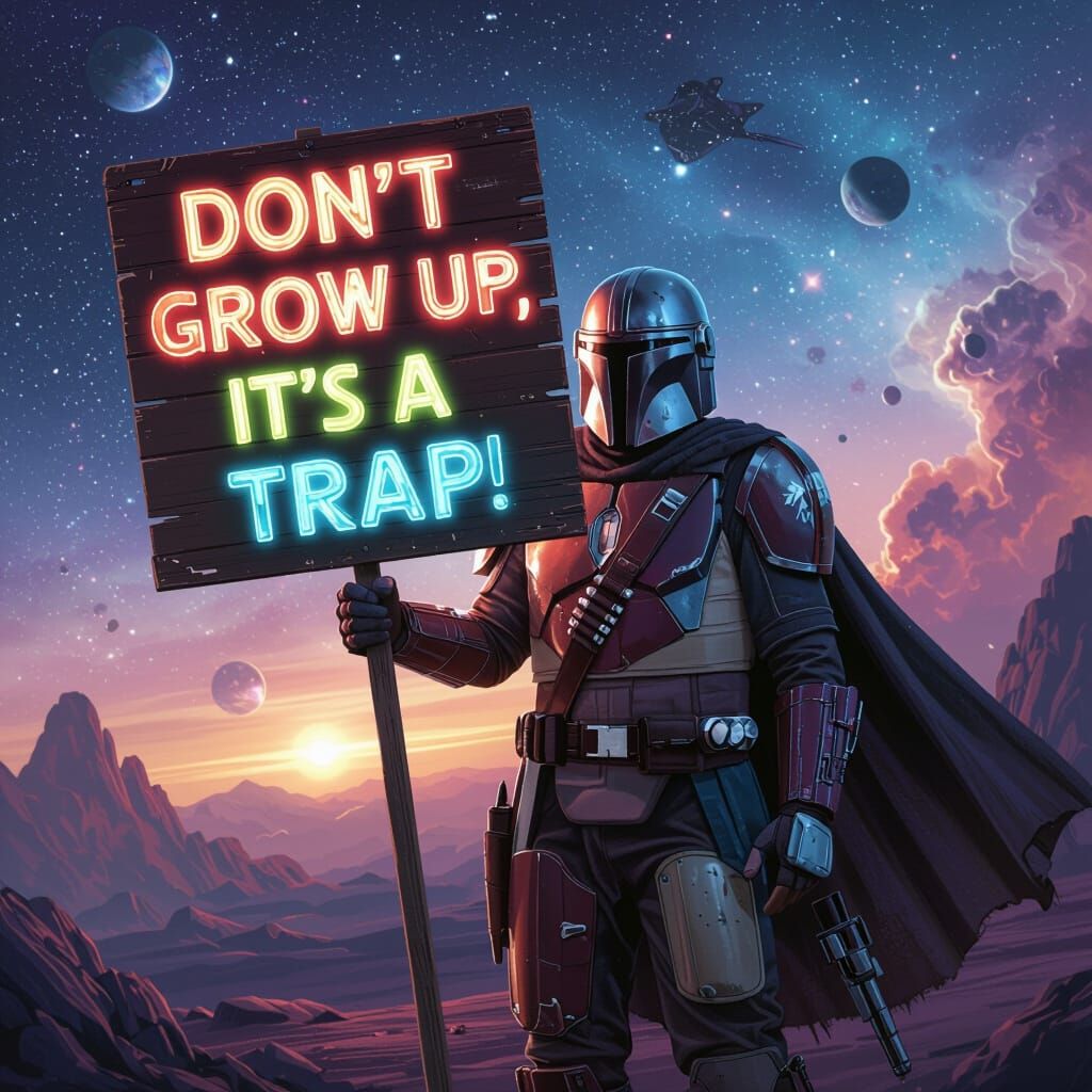 Mandalorian with Sign in Starry Galaxy