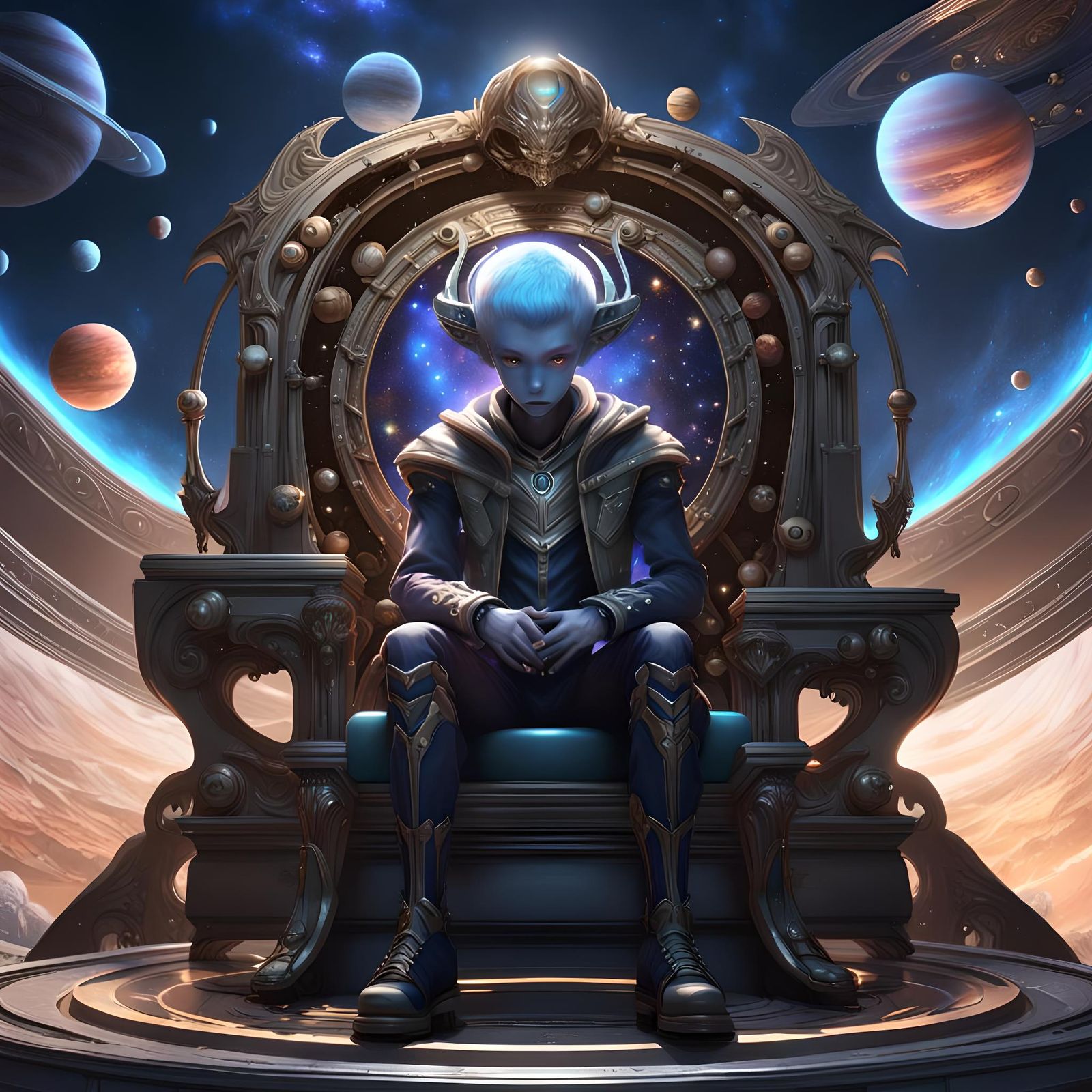 Alien Boy on Throne in Cosmic Anime Style