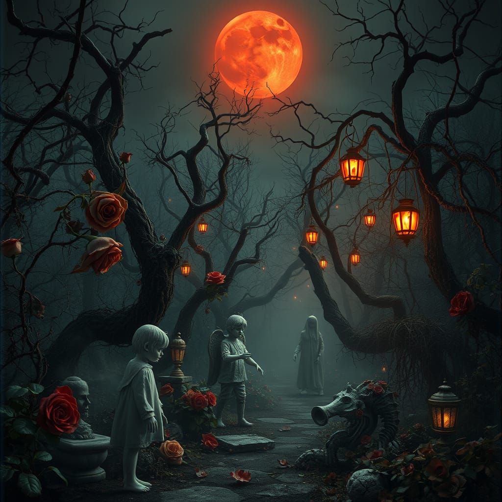 Eerie Abandoned Garden Under Blood-Red Moon