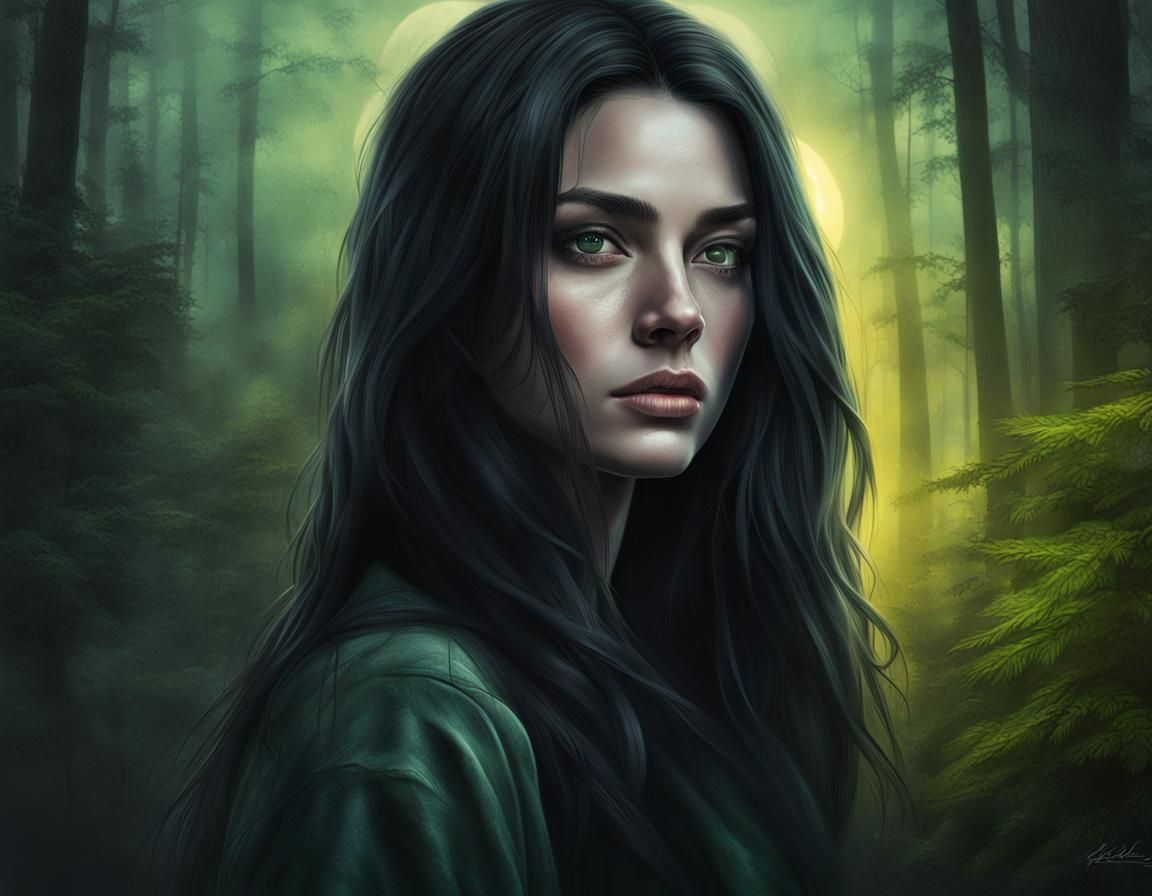 Moonlit Portrait of a Woman in a Dark Forest