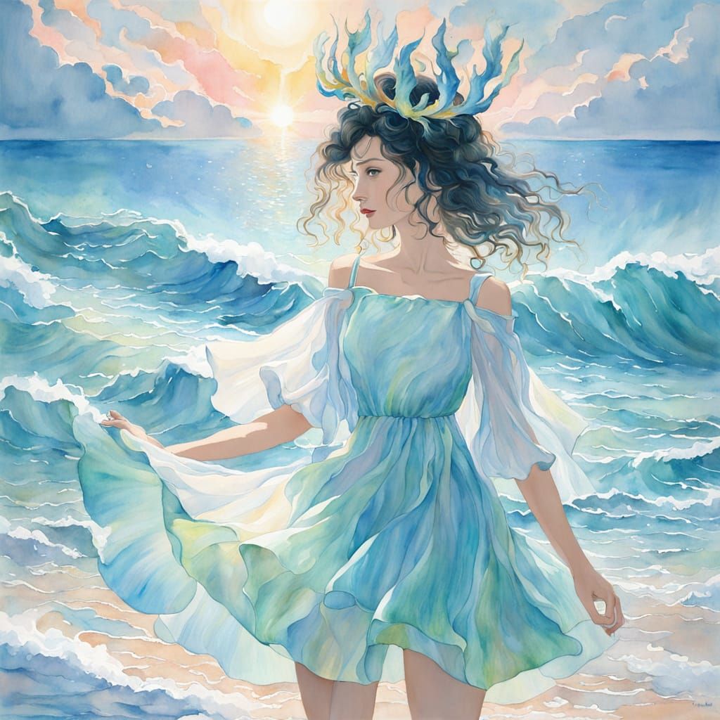 Lady in Ethereal Beach Scene with Water Dress and Coral Crow...