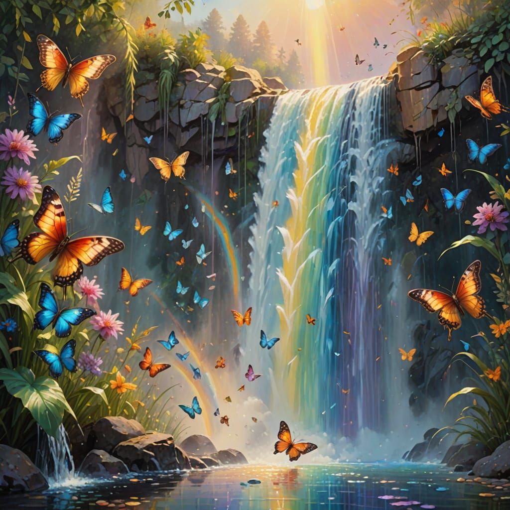 Dawn Waterfall Scene with Rainbow and Butterflies in Vibrant...