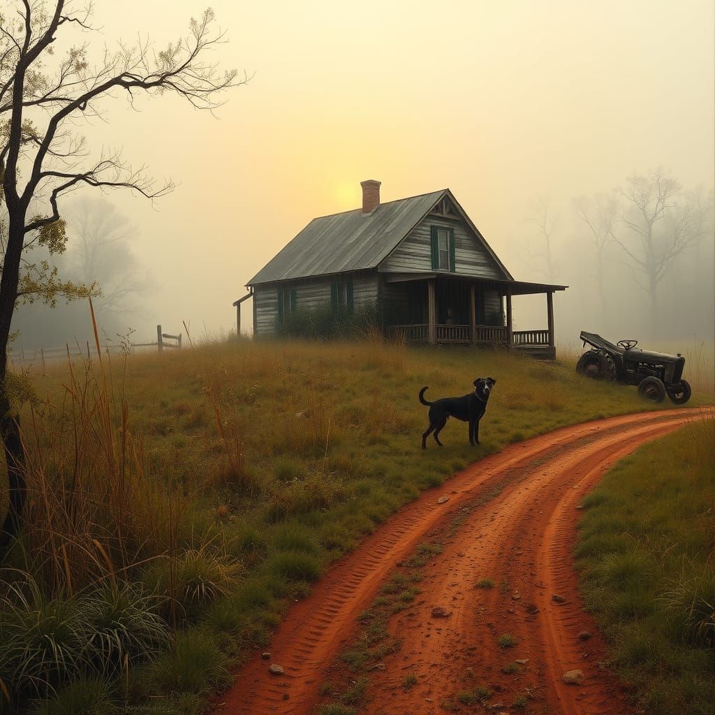 Rural Georgia House at Sunrise in Earthy Tones