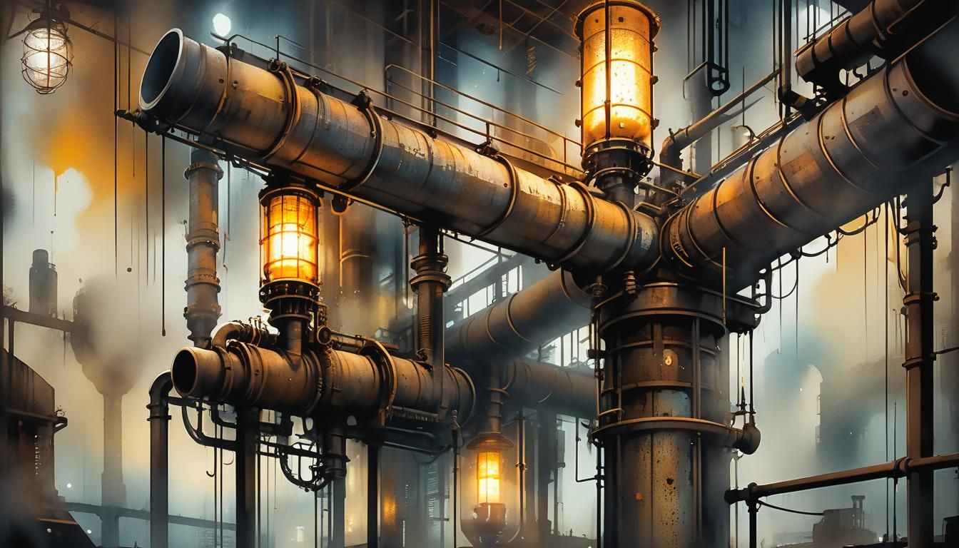 Grime-Covered Industrial Pipe in Watercolor Style