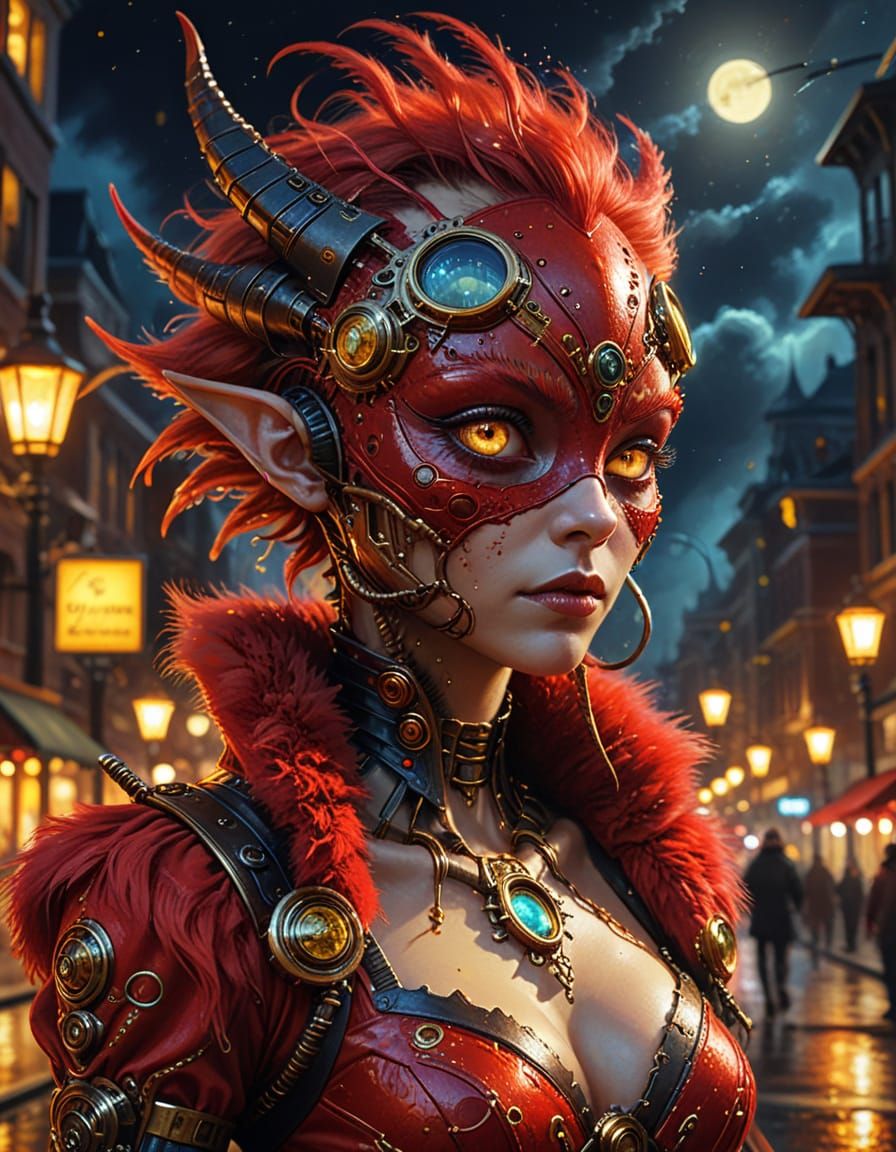 Steampunk Xenomorph in Red Dress Digital Painting