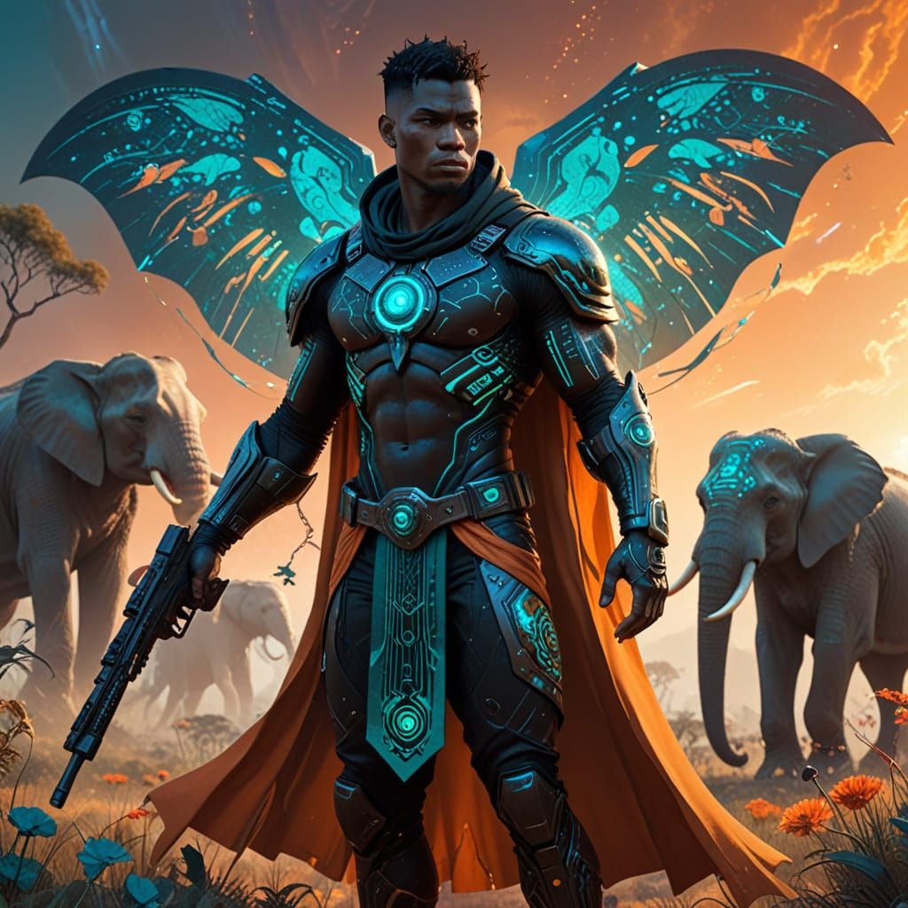 Cyberpunk Warrior in Futuristic Savanna