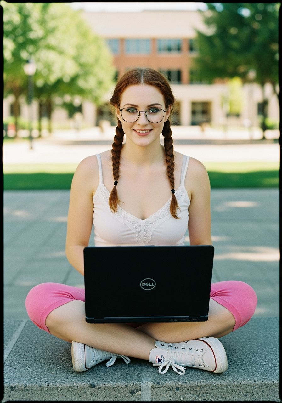 Redhead Nerd Girl on Laptop, Cinematic Film Still