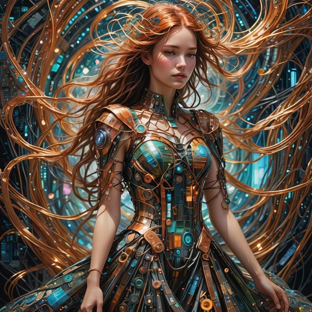 Girl in Circuit Dress: Digital Impressionist Masterpiece