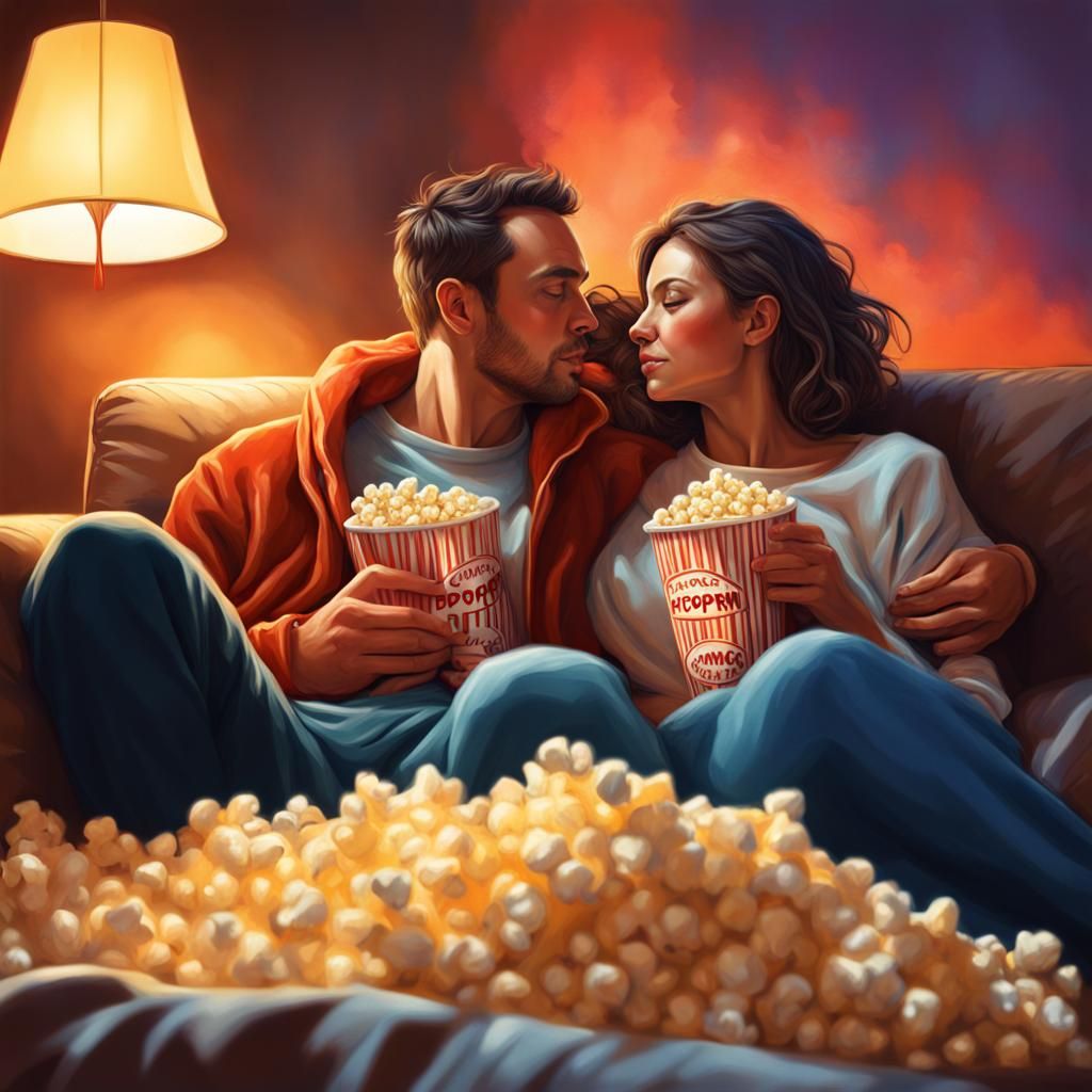 Cozy Couple Eating Popcorn: Hyperrealistic Splash Art