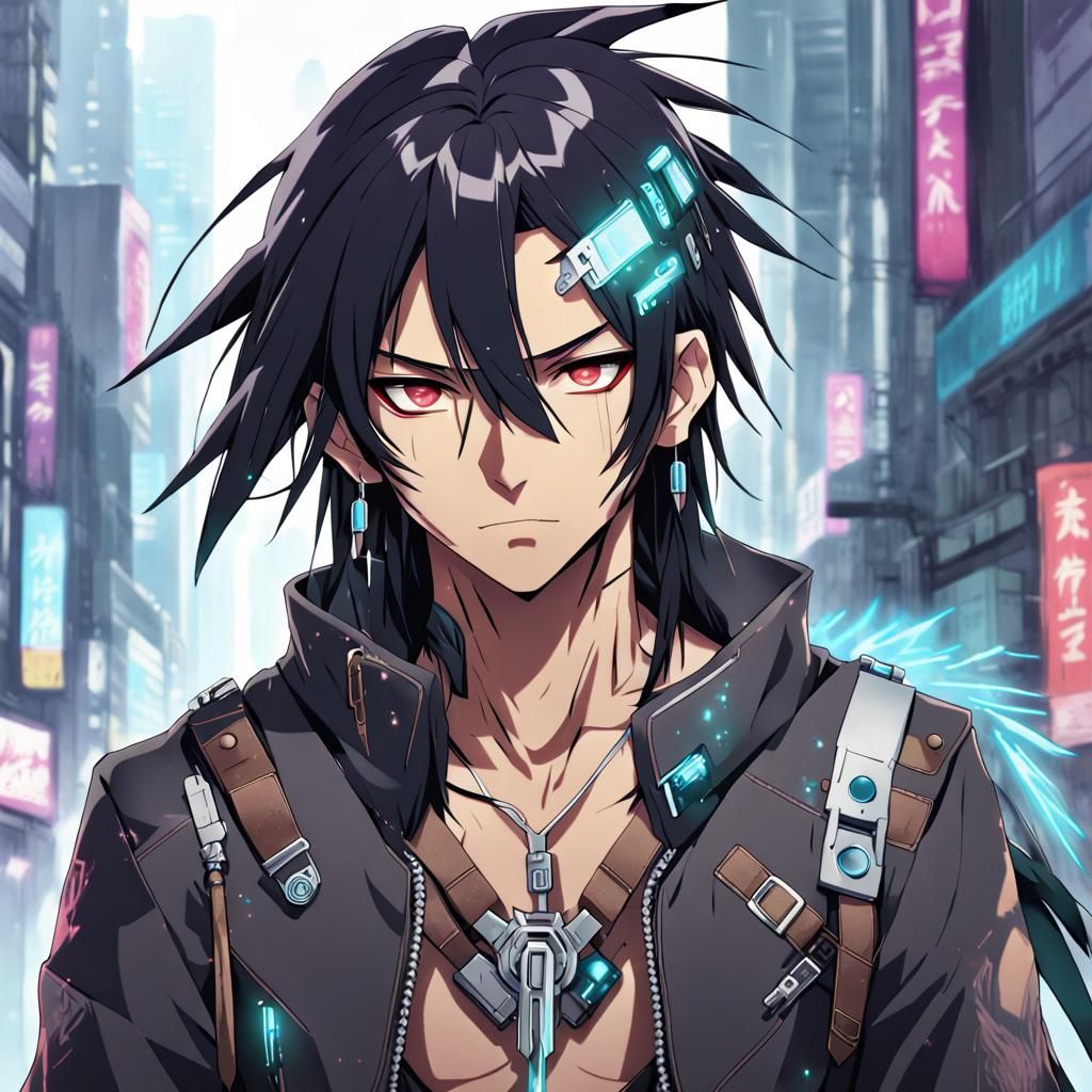 Cyberpunk Native American Anime Character with Black Hair