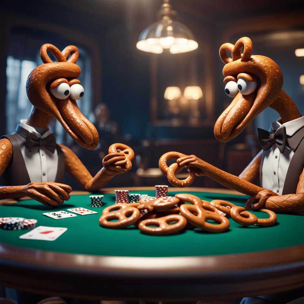 Pretzels Playing Poker in 3D Cinematic Style