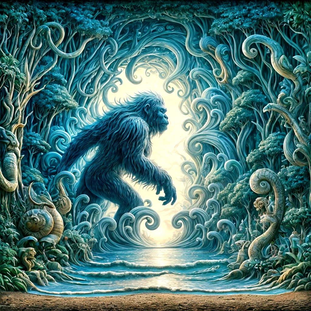 Enchanting Jungle Scene with Majestic Ape Emerging from Mist...