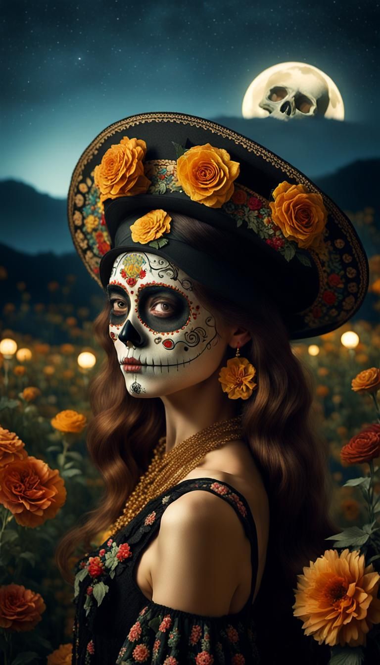 Catrina Portrait with Flowers in Surreal Style