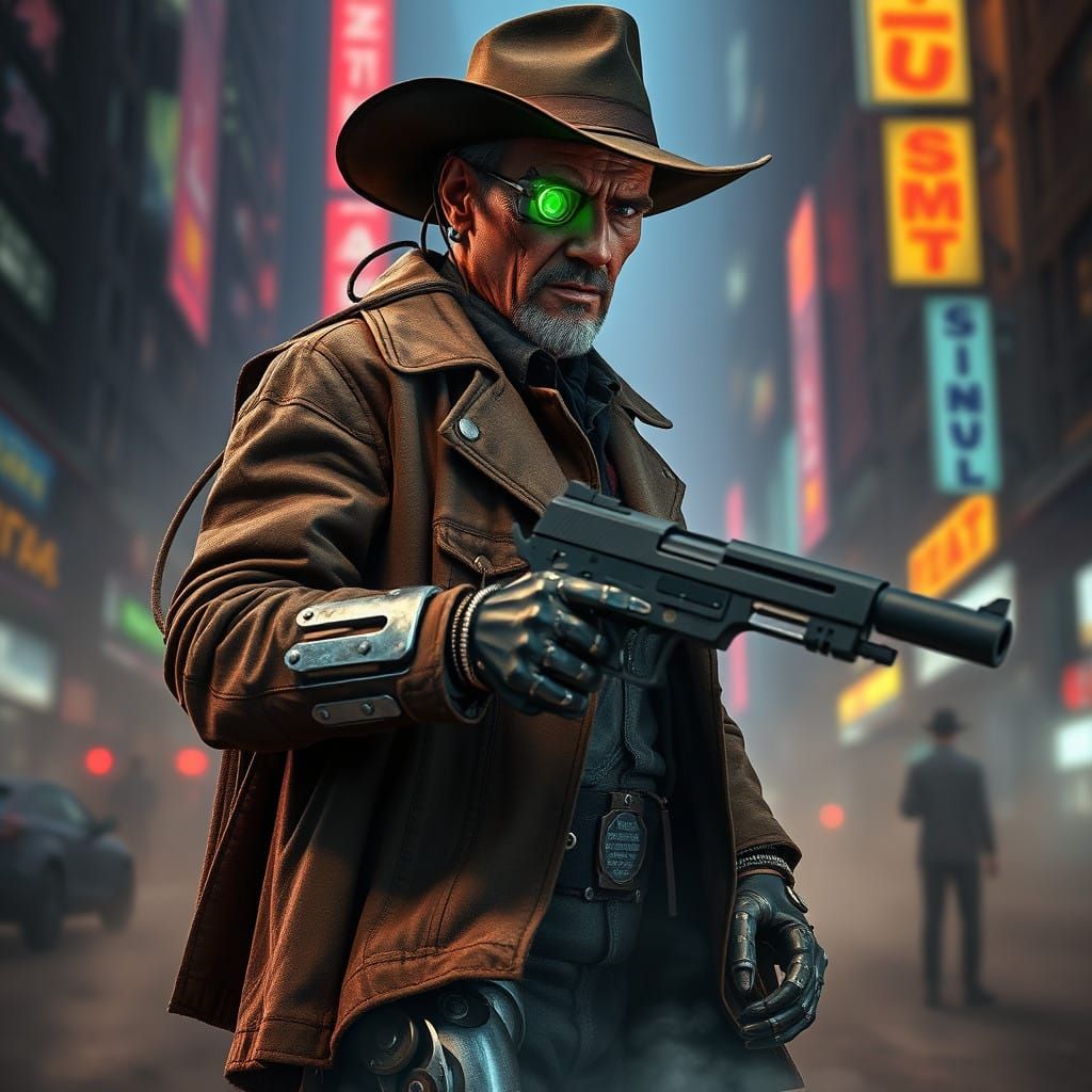 Cyborg robot Clint Eastwood, amming his pistol. Wires in his...