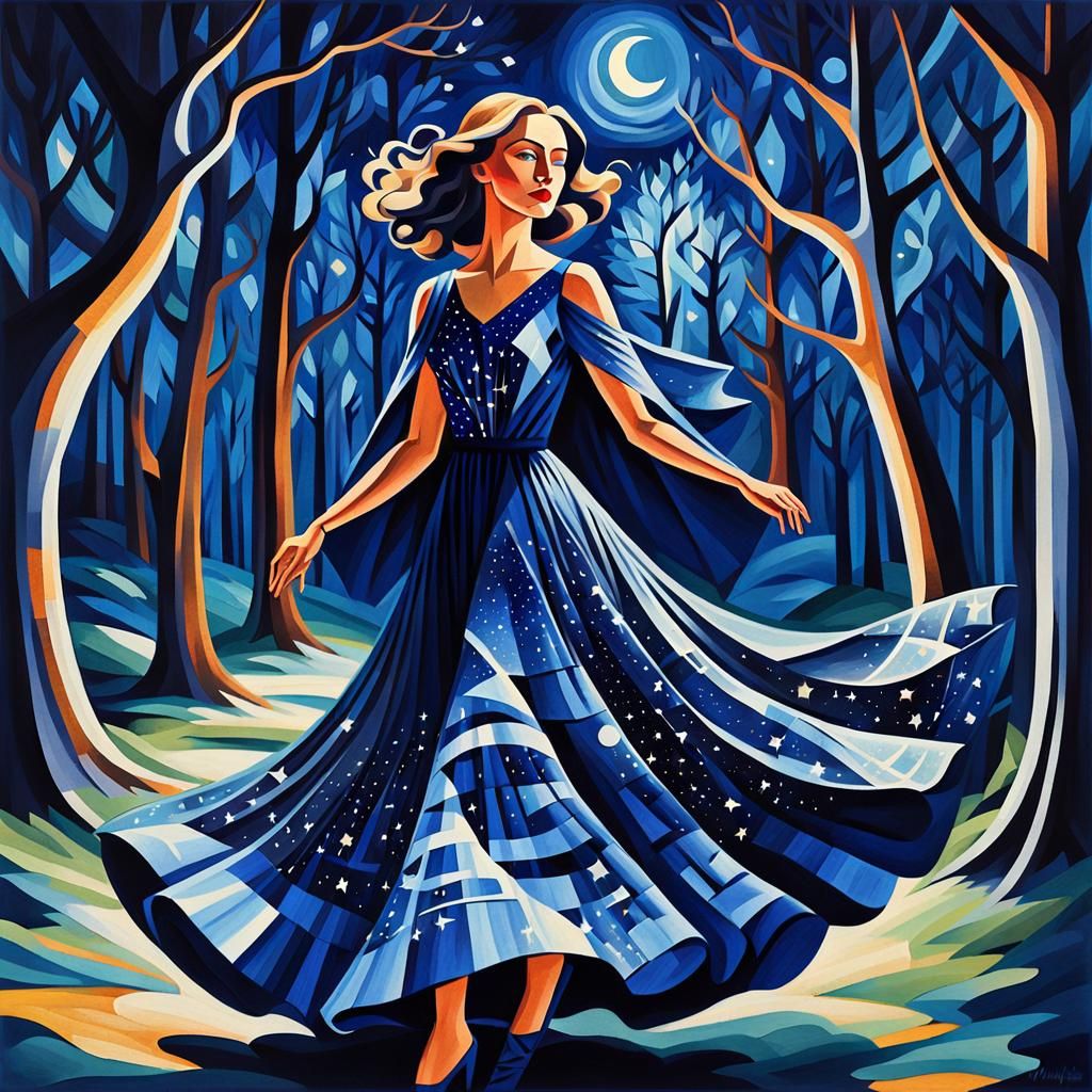 Cubist Magician Dancing in Moonlit Woodland Grove