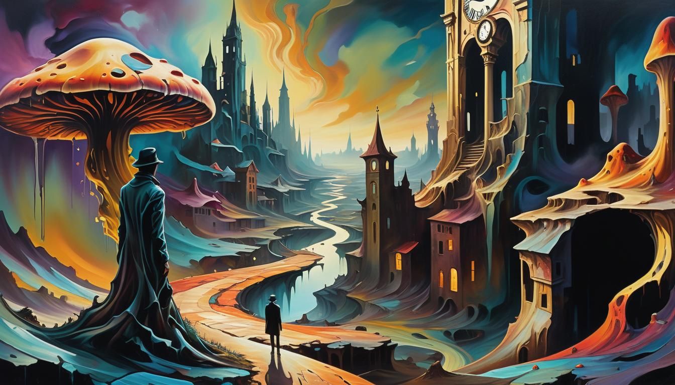 Dreamlike Surrealist Cityscape with Ominous Clock Tower