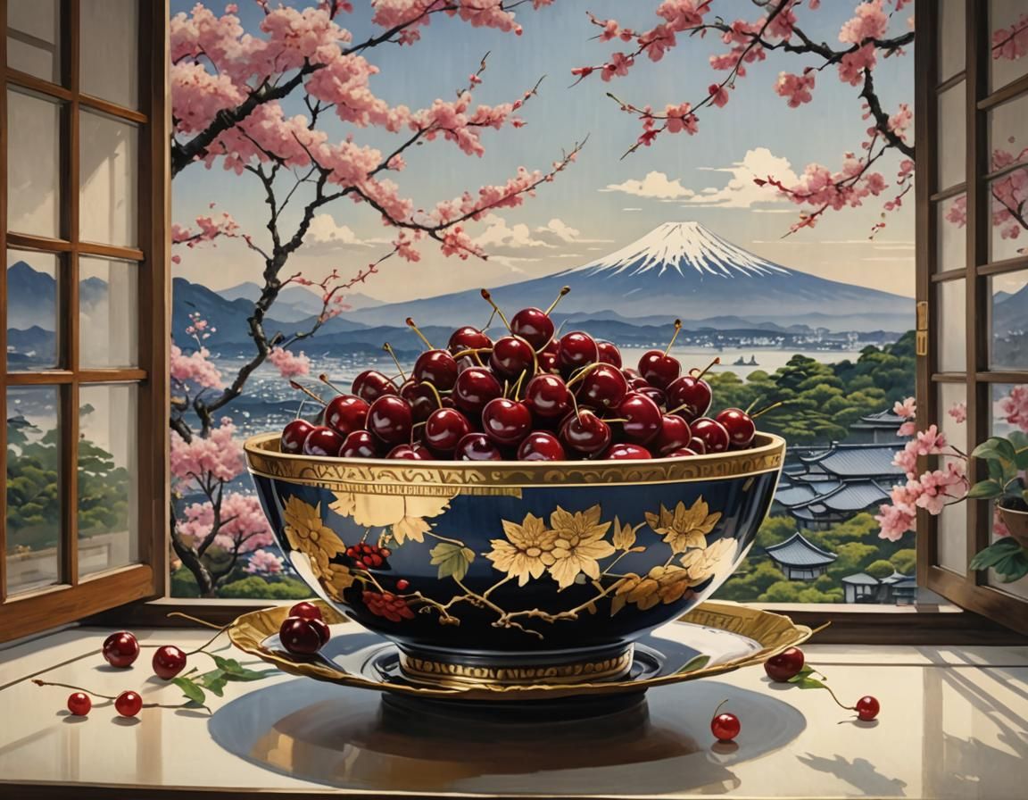Glossy Cherries in Chinese Bowl with Mount Fuji